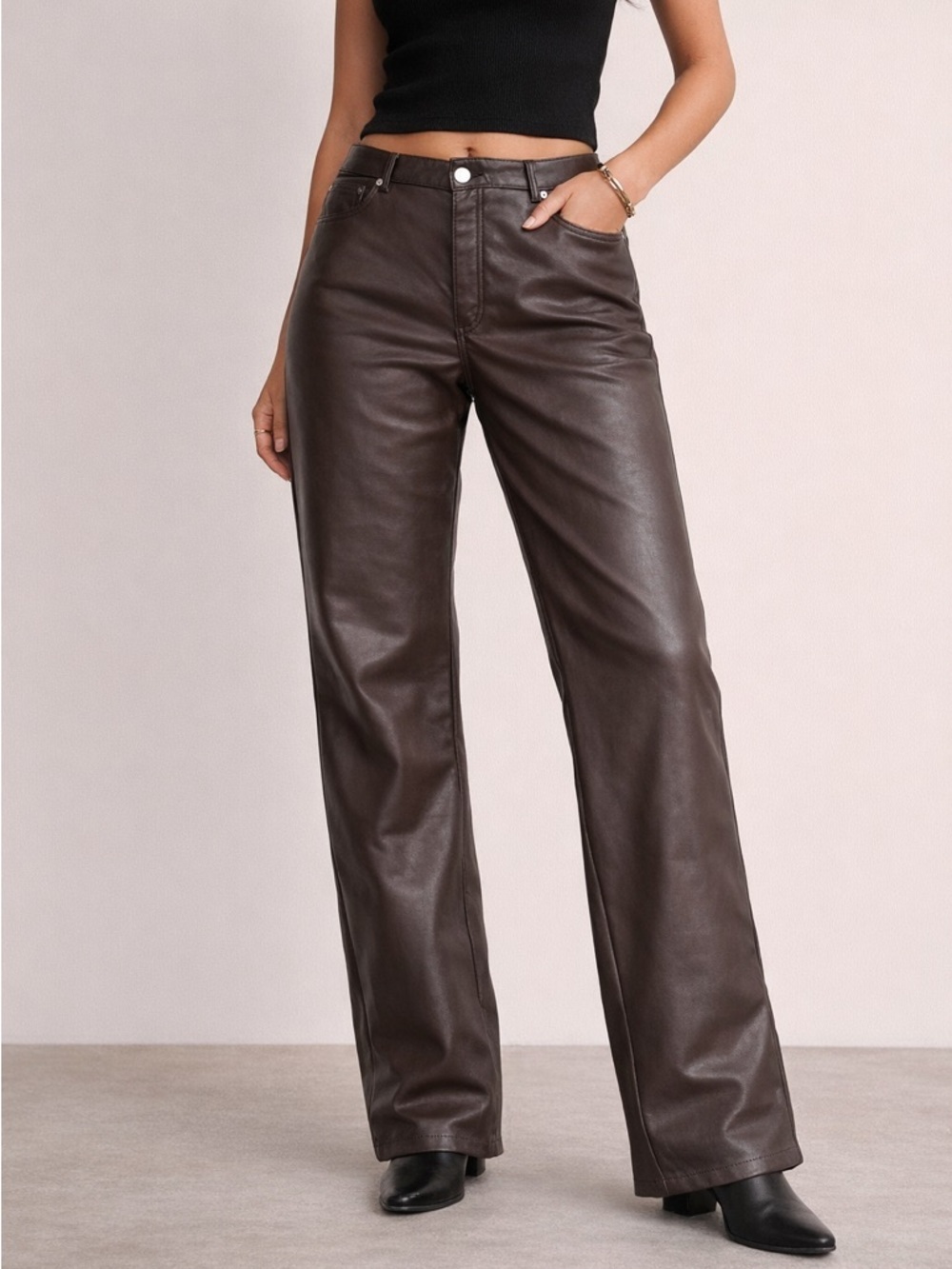 H&M Brown Faux Leather Pants Relaxed Fit Wide Leg Size 16 High Rise